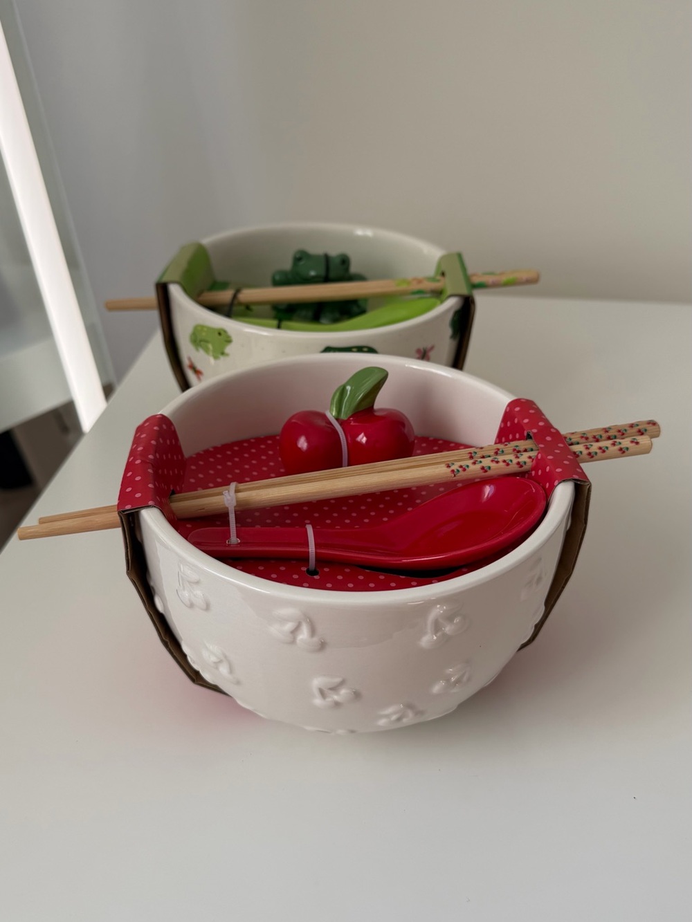 Ceramic Noodle Bowl w/ printed chopsticks, spoon & rest